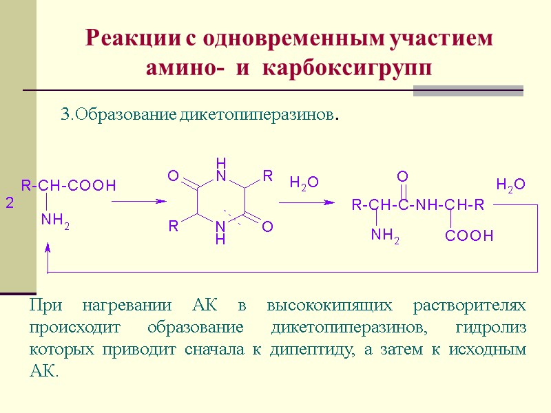 Реакции с одновременным участием амино-  и  карбоксигрупп 3.Образование дикетопиперазинов. При нагревании АК